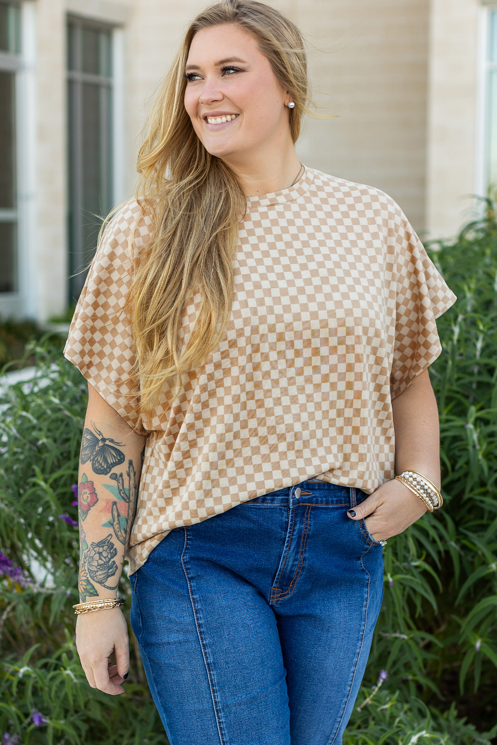 Plus Size Khaki Checkerboard Short Batwing Sleeve Round Neck  T Shirt