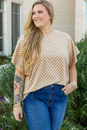 Plus Size Khaki Checkerboard Short Batwing Sleeve Round Neck  T Shirt