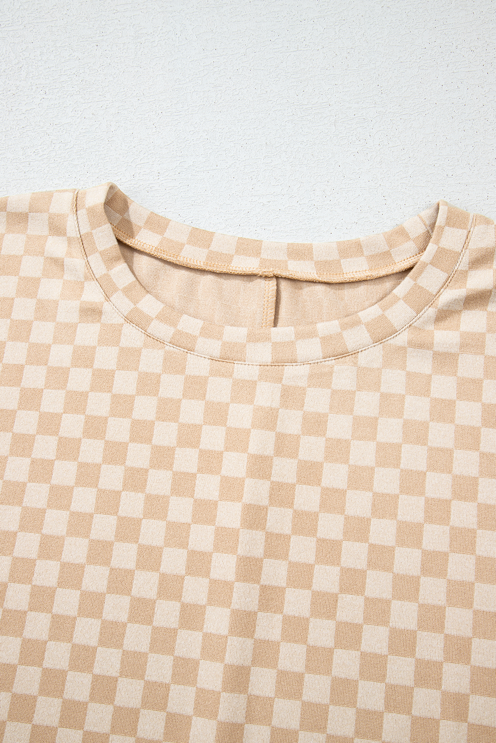 Plus Size Khaki Checkerboard Short Batwing Sleeve Round Neck  T Shirt