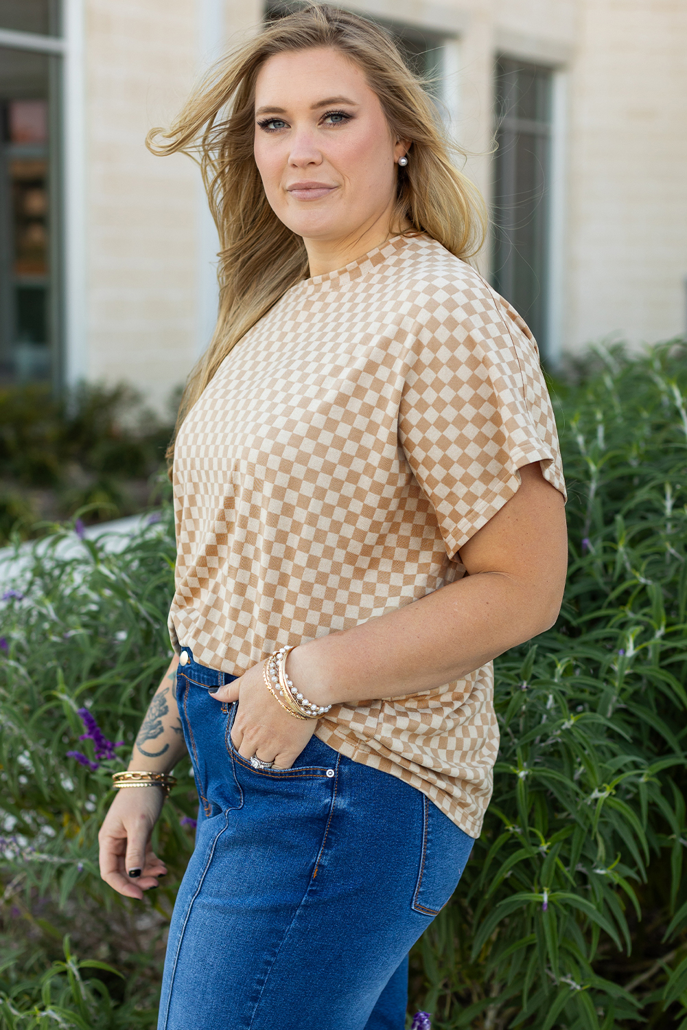 Plus Size Khaki Checkerboard Short Batwing Sleeve Round Neck  T Shirt