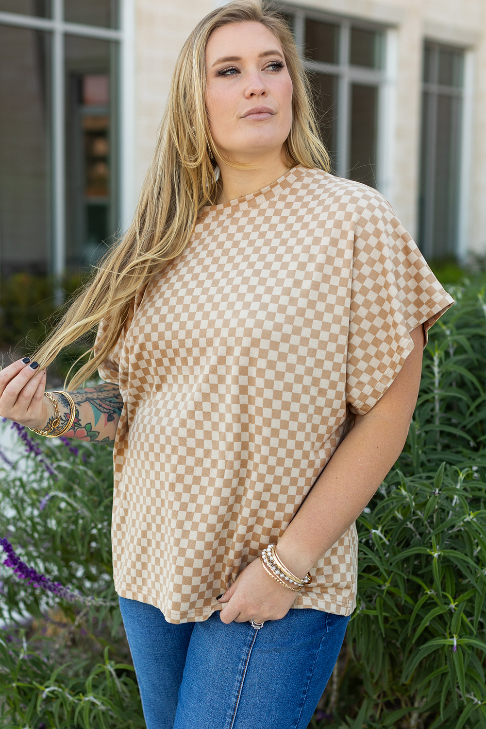 Plus Size Khaki Checkerboard Short Batwing Sleeve Round Neck  T Shirt