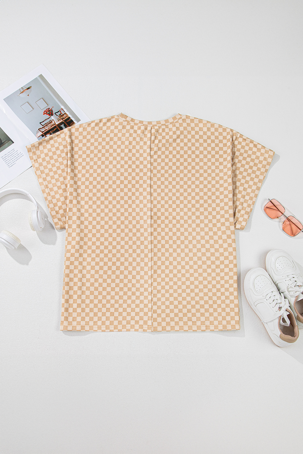 Plus Size Khaki Checkerboard Short Batwing Sleeve Round Neck  T Shirt