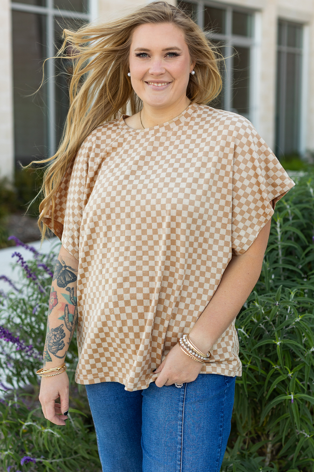 Plus Size Khaki Checkerboard Short Batwing Sleeve Round Neck  T Shirt