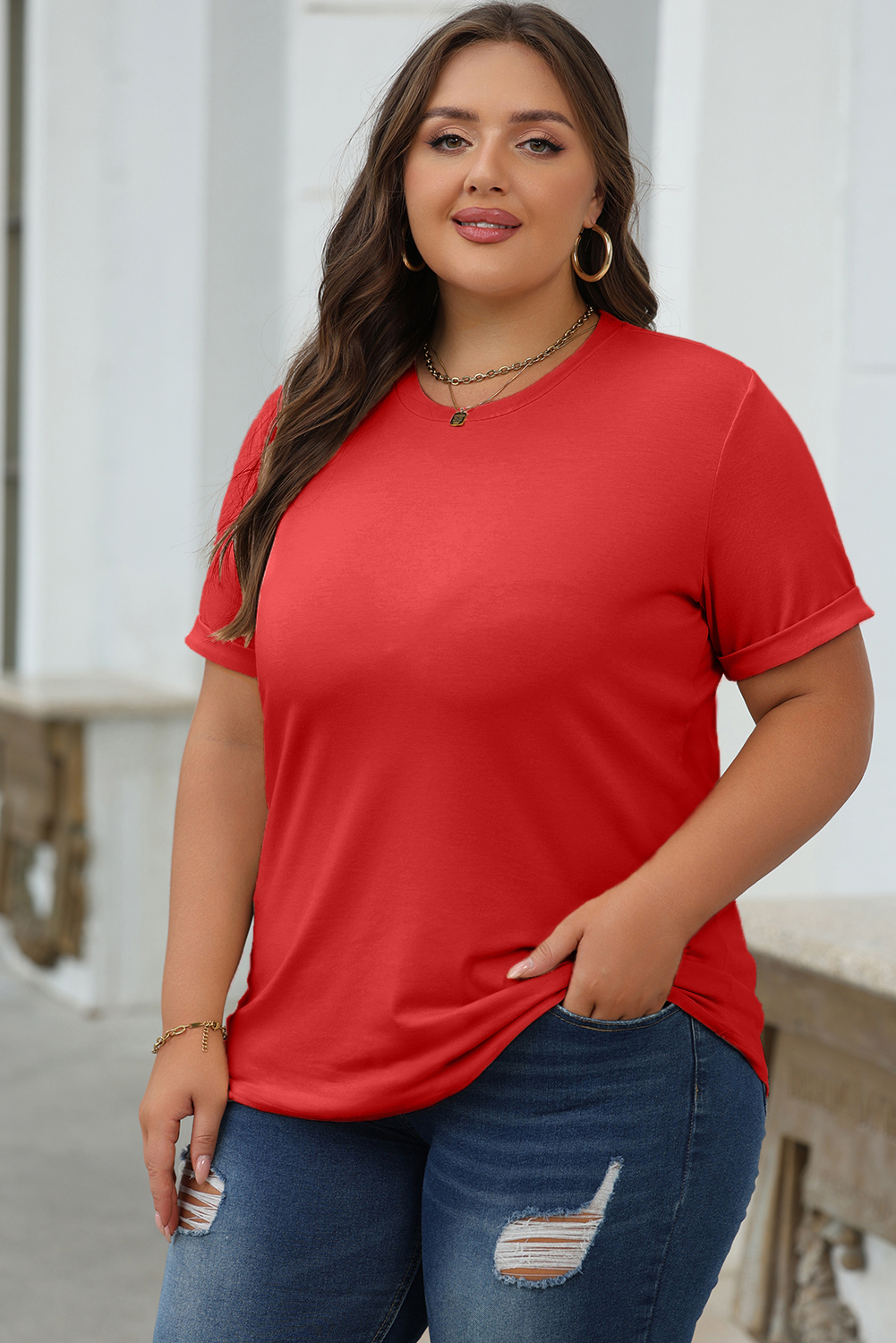 Dearlove Red Casual Plain Crew Neck Tee