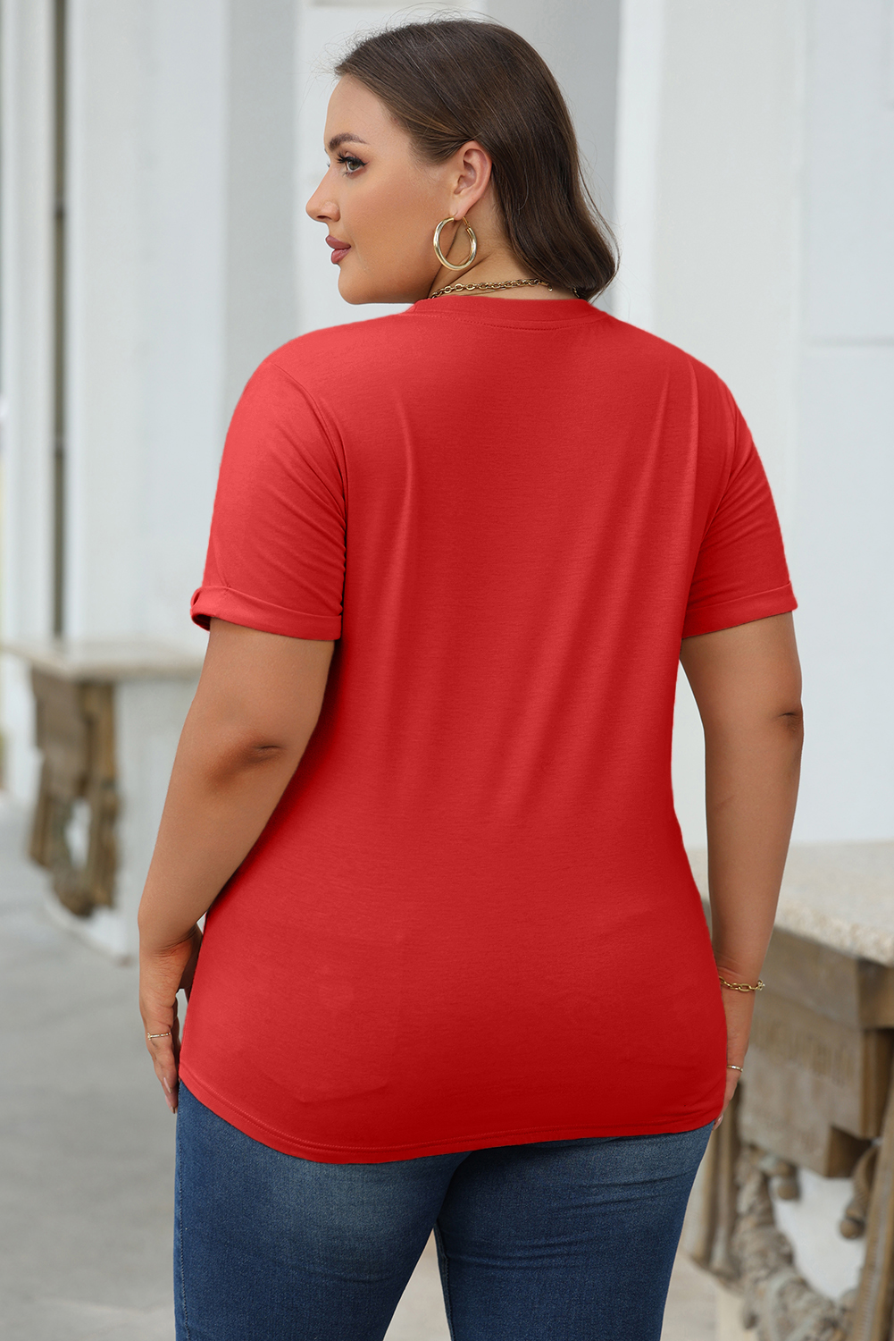 Dearlove Red Casual Plain Crew Neck Tee