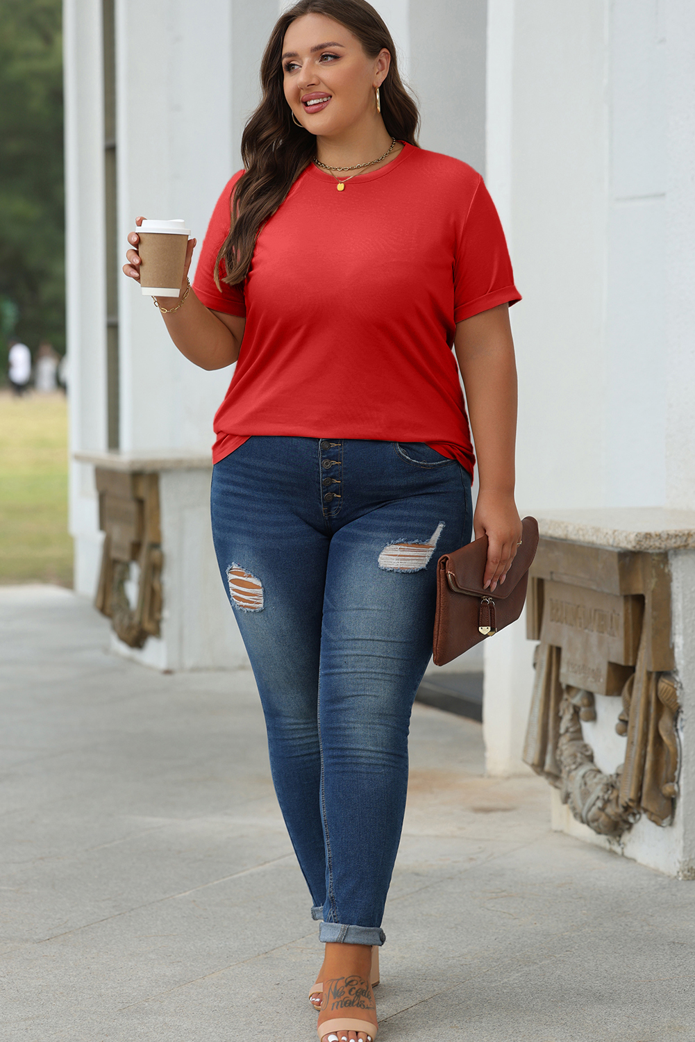 Dearlove Red Casual Plain Crew Neck Tee