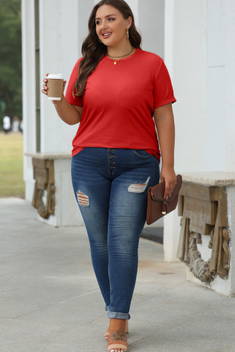 Dearlove Red Casual Plain Crew Neck Tee