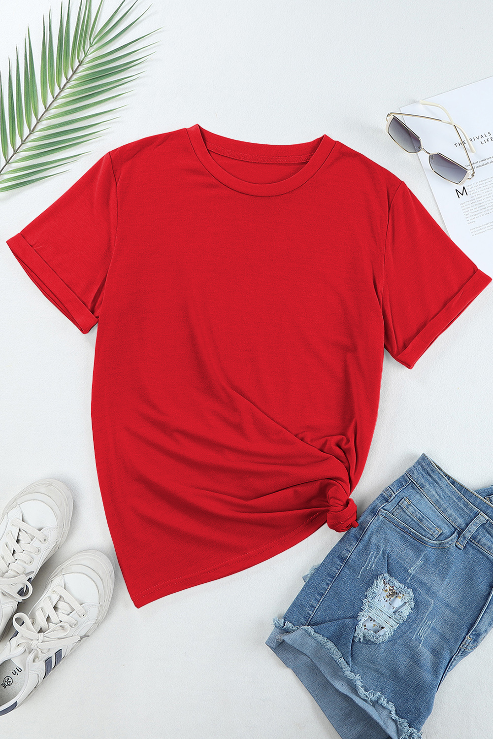Dearlove Red Casual Plain Crew Neck Tee