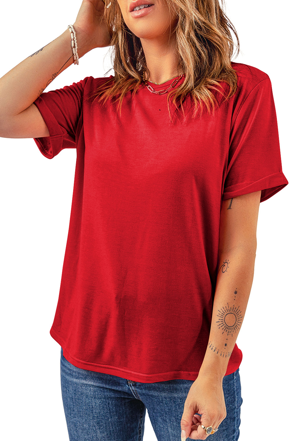 Dearlove Red Casual Plain Crew Neck Tee