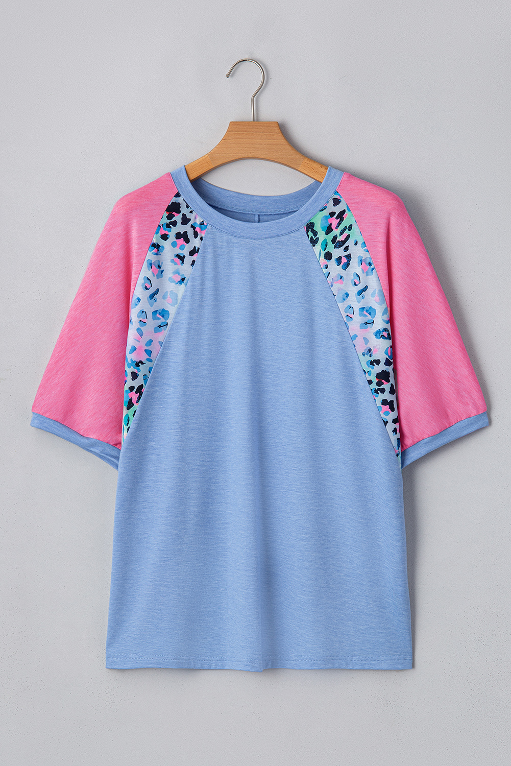 Plus Size Sky Blue Leopard Print Patch Colorblock  T Shirt