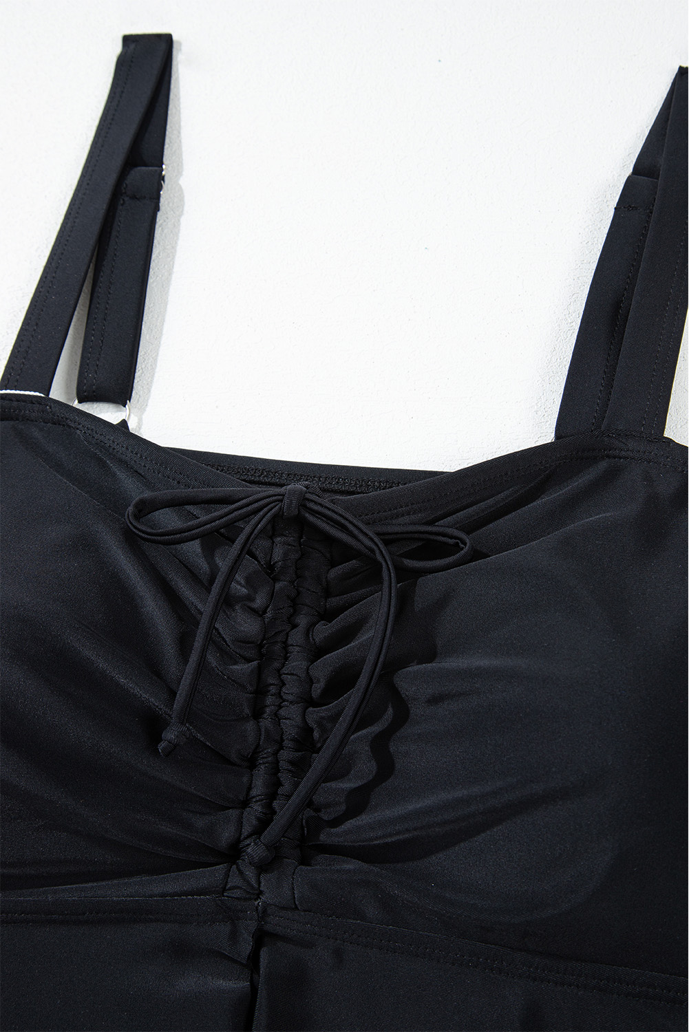 Plus Size Black Drawstring Tied Front Flared Top Geometric Print Bottom  Tankinis