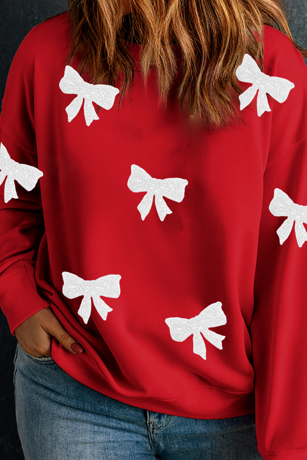 Plus Size Racing Red Bow Pattern Drop Shoulder  Sweatshirt