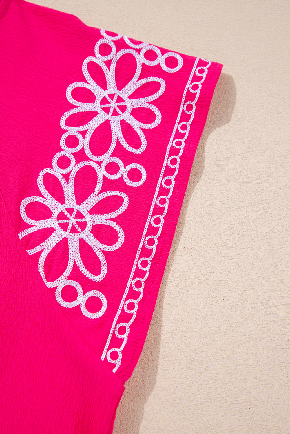 Plus Size Strawberry Pink Floral Embroidered Flutter Sleeve Pleated O Neck  Blouse