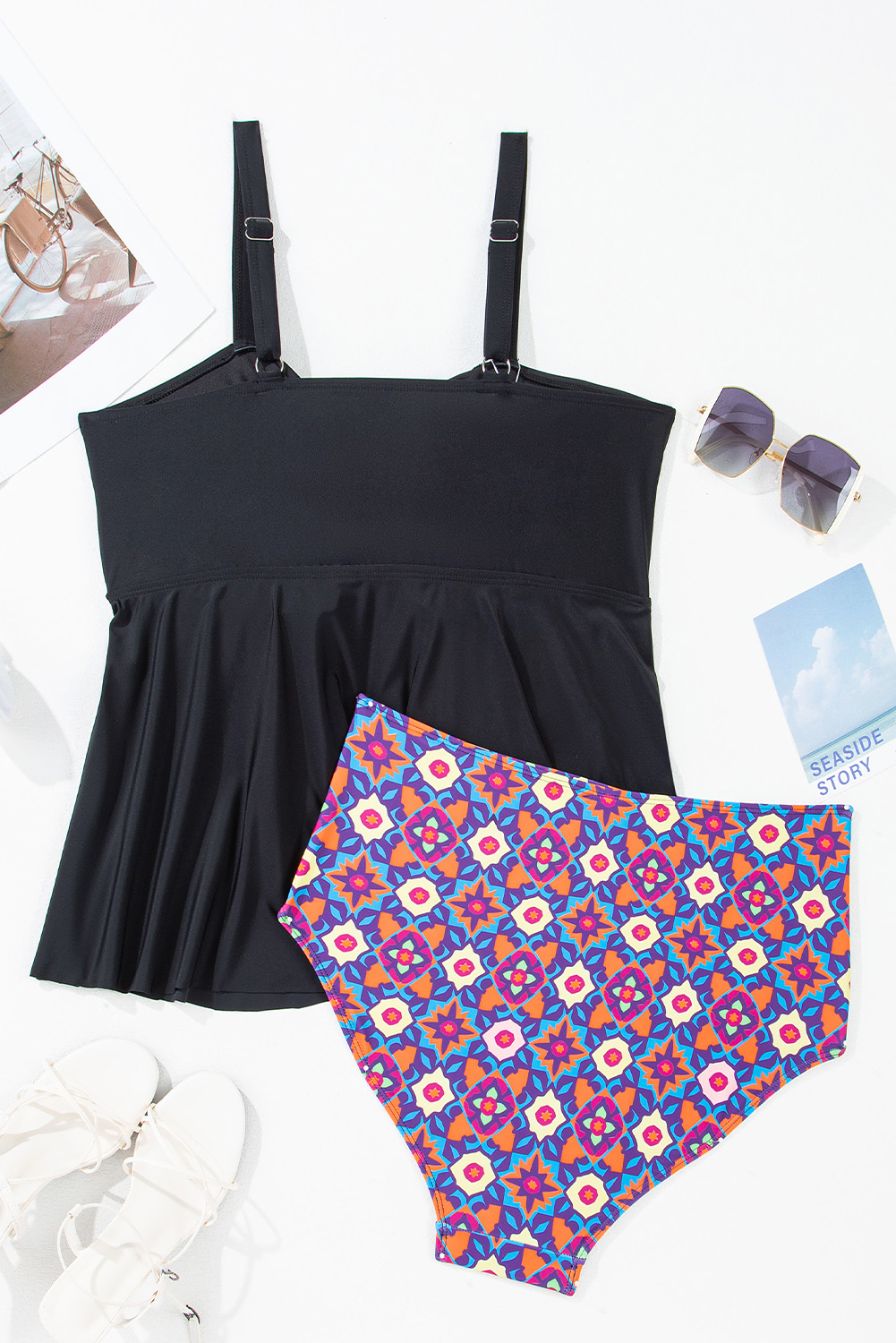 Plus Size Black Drawstring Tied Front Flared Top Geometric Print Bottom  Tankinis