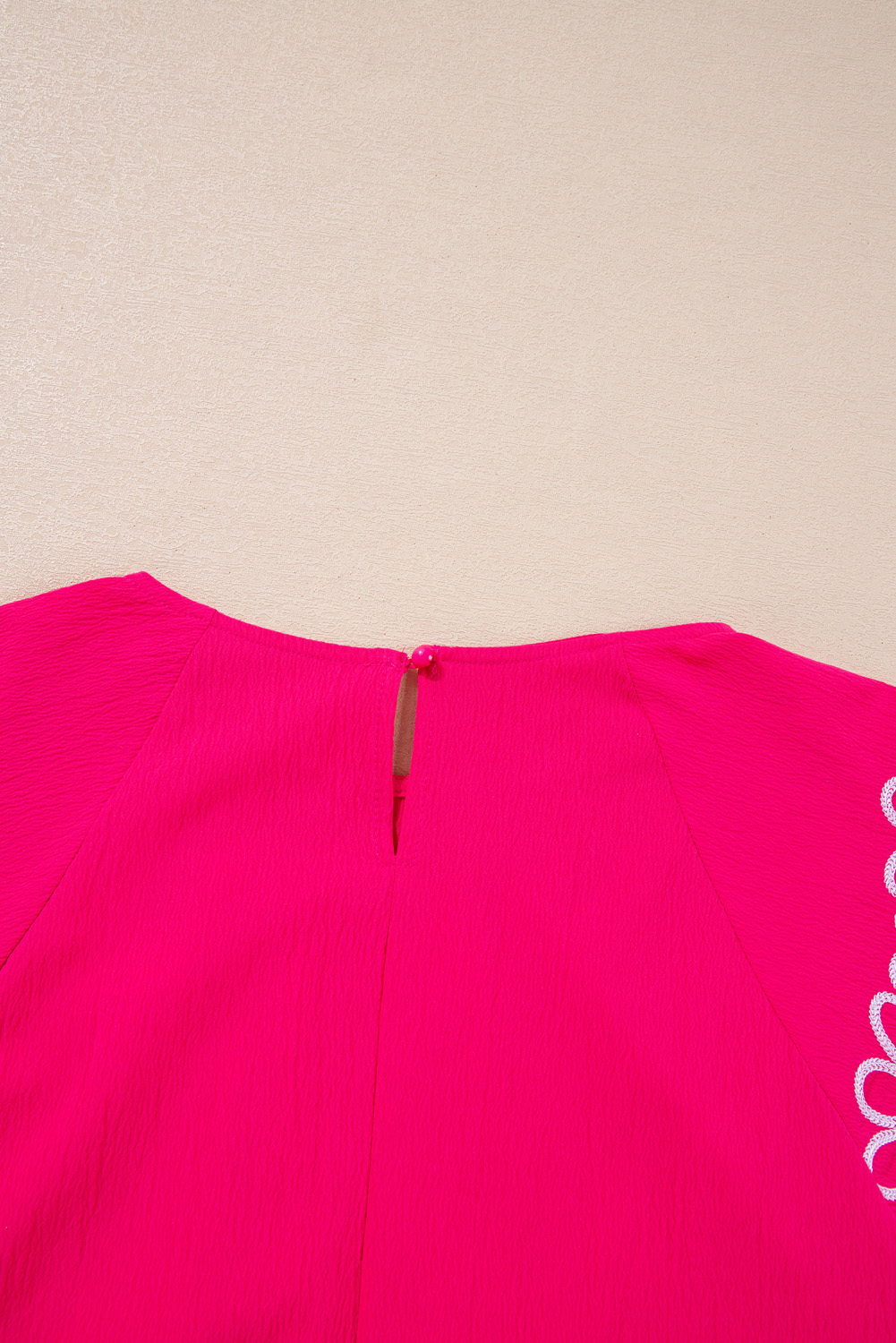 Plus Size Strawberry Pink Floral Embroidered Flutter Sleeve Pleated O Neck  Blouse