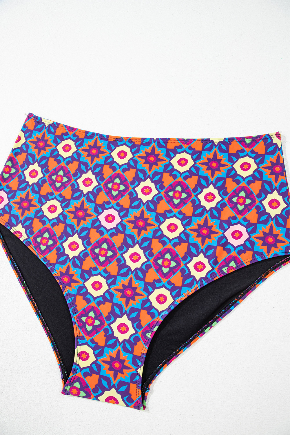 Plus Size Black Drawstring Tied Front Flared Top Geometric Print Bottom  Tankinis