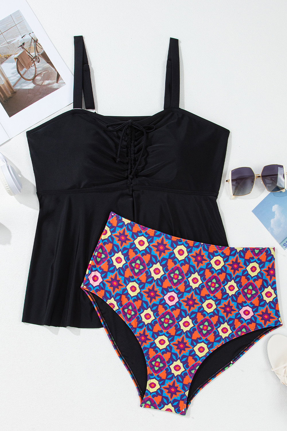Plus Size Black Drawstring Tied Front Flared Top Geometric Print Bottom  Tankinis
