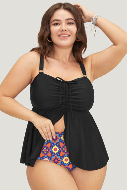 Plus Size Black Drawstring Tied Front Flared Top Geometric Print Bottom  Tankinis