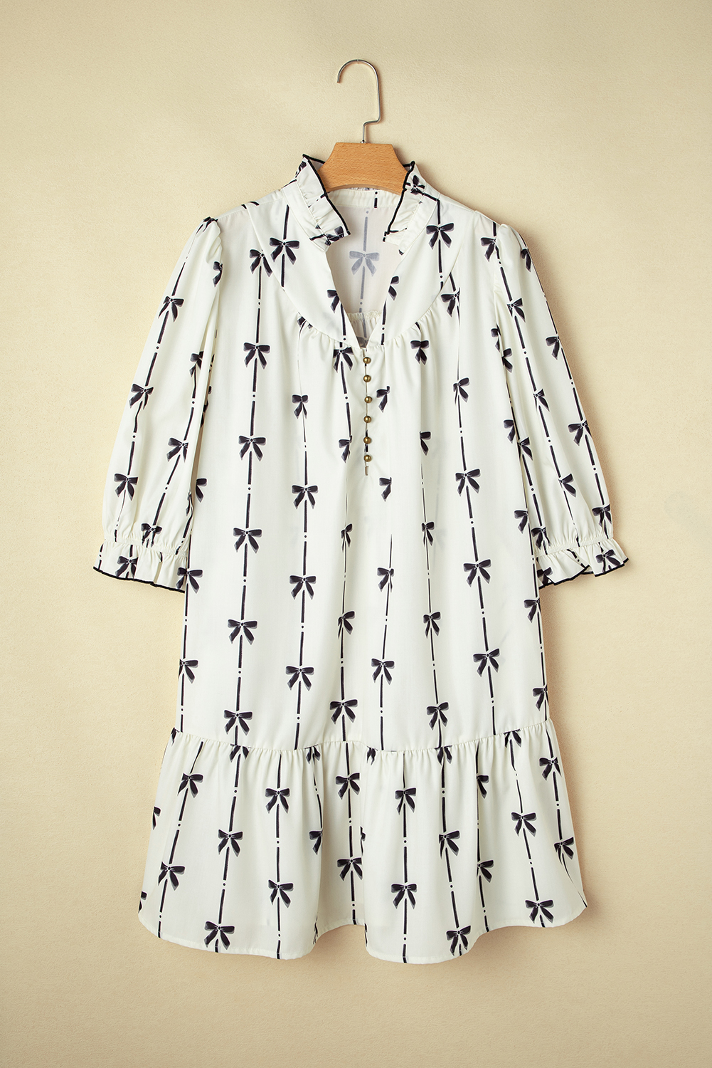 Plus Size Apricot Bow Printed Puff Sleeve Ruffled  Mini Dress