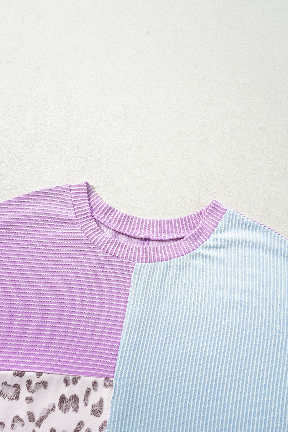 Plus Size Rose Red Leopard Colorblock Patchwork Corded Knit  T Shirt