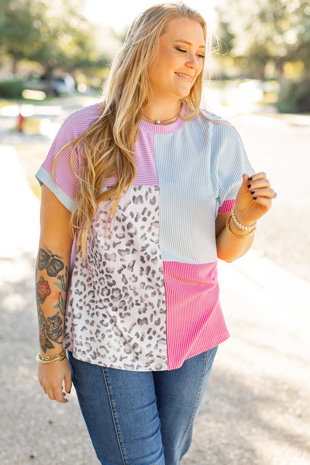 Plus Size Rose Red Leopard Colorblock Patchwork Corded Knit  T Shirt