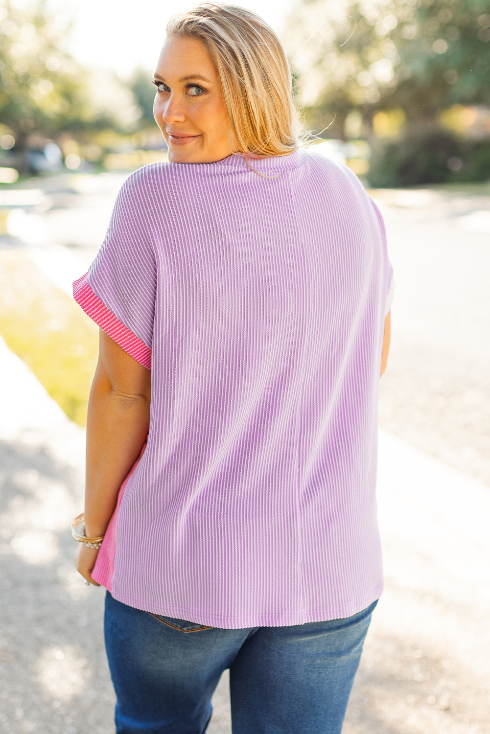 Plus Size Rose Red Leopard Colorblock Patchwork Corded Knit  T Shirt