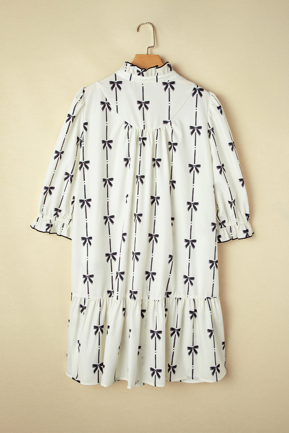 Plus Size Apricot Bow Printed Puff Sleeve Ruffled  Mini Dress