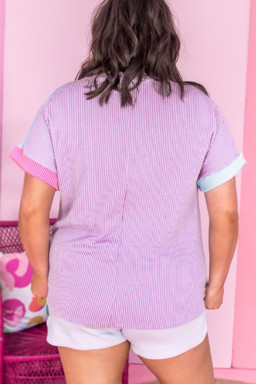 Plus Size Rose Red Leopard Colorblock Patchwork Corded Knit  T Shirt