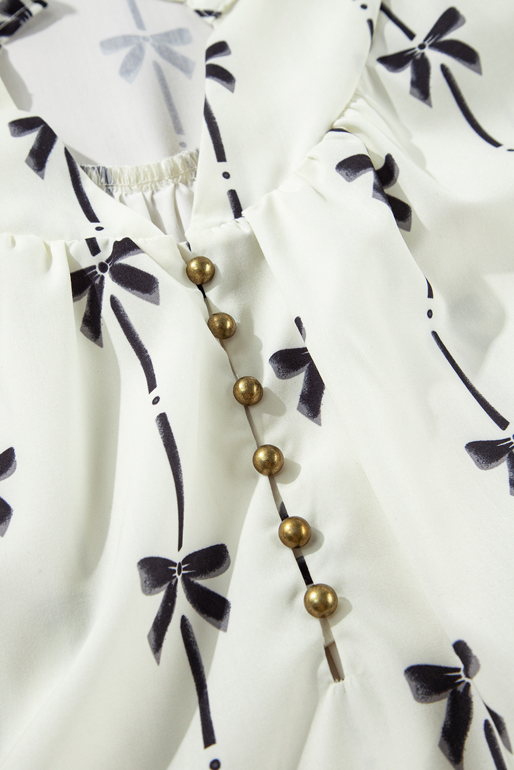 Plus Size Apricot Bow Printed Puff Sleeve Ruffled  Mini Dress