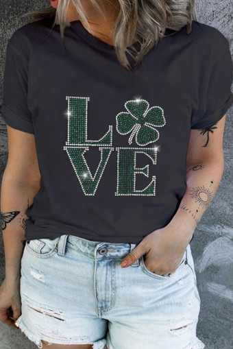 Plus Size Black Rhinestone LOVE Four Leaf Clover Graphic  T Shirt