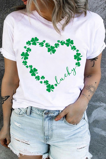 Plus Size White Heart-shape Lucky Clover Graphic  T Shirt