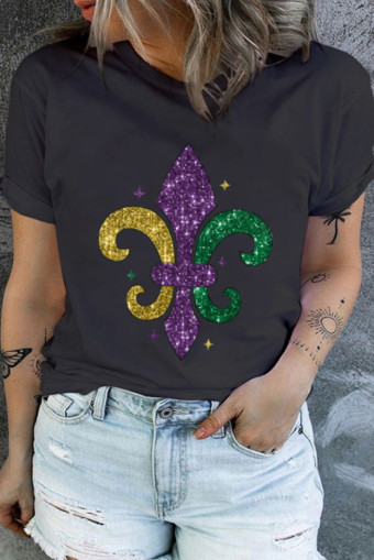 Plus Size Black Mardi Gras Symbol Printed Crewneck  Tee
