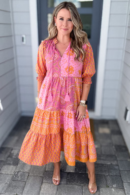 Voluptuous Pink Boho Paisley Floral Mixed Patchwork Tassel Tie Midi Dress