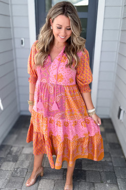 Full Figured Pink Boho Paisley Floral Mixed Patchwork Tassel Tie Midi Dress
