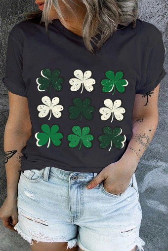 Plus Size Black Clover Print Crew Neck  Casual T Shirt