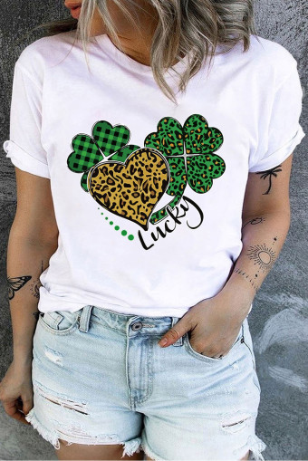 Plus Size White Lucky Four Leaf Clover Heart Printed Crewneck  Tee