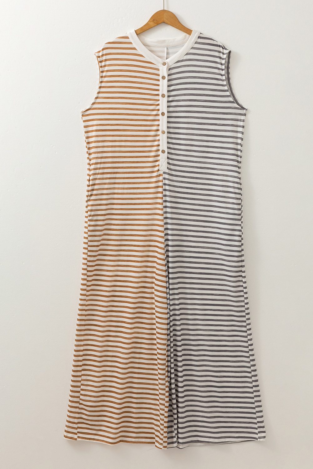 Plus Size Gray Stripe  Color Block Buttoned Sleeveless Wide Leg Jumpsuit