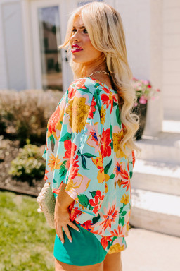 Plus Size Sky Blue  Floral Print V Neck Batwing Sleeve Blouse