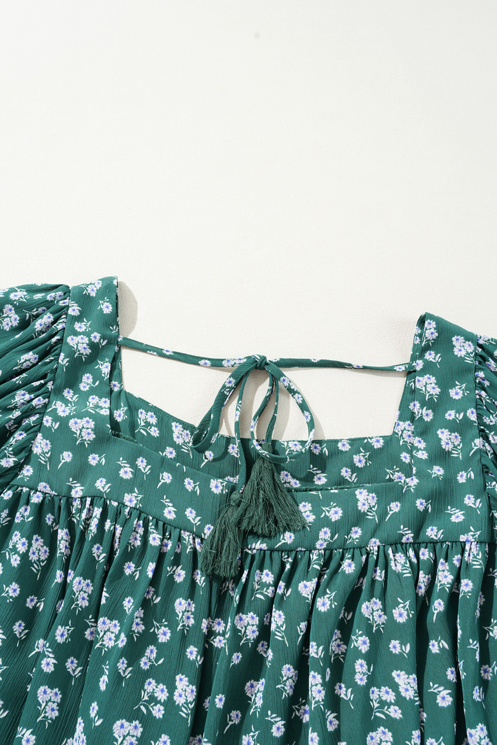 Plus Size Green Floral Print Square Neck Ruffled Trim  Blouse