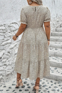 Plus Size Beige  Leopard Print Frill Trim Short Sleeve Flared Dress