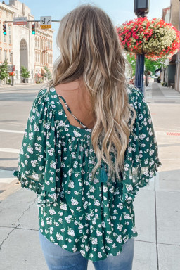 Plus Size Green Floral Print Square Neck Ruffled Trim  Blouse