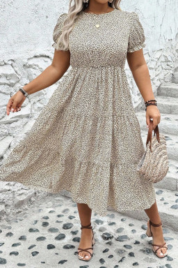 Plus Size Beige  Leopard Print Frill Trim Short Sleeve Flared Dress