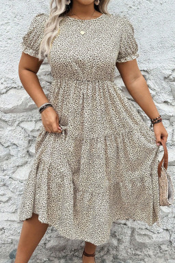 Plus Size Beige  Leopard Print Frill Trim Short Sleeve Flared Dress