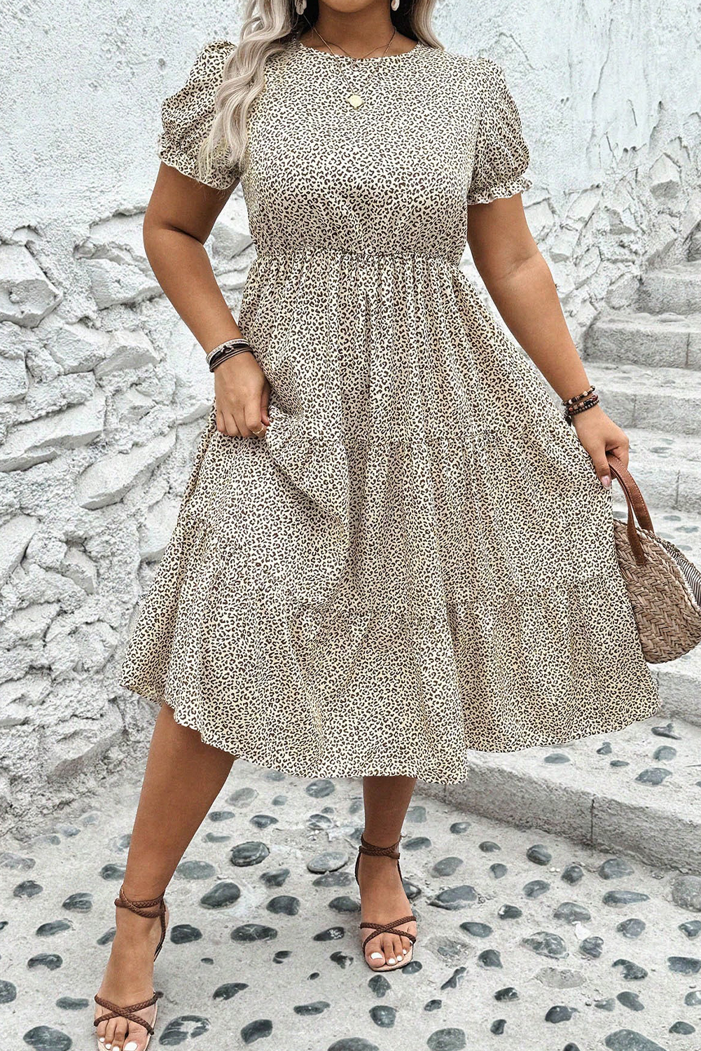 Plus Size Beige  Leopard Print Frill Trim Short Sleeve Flared Dress