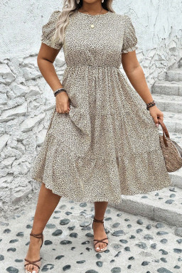 Plus Size Beige  Leopard Print Frill Trim Short Sleeve Flared Dress