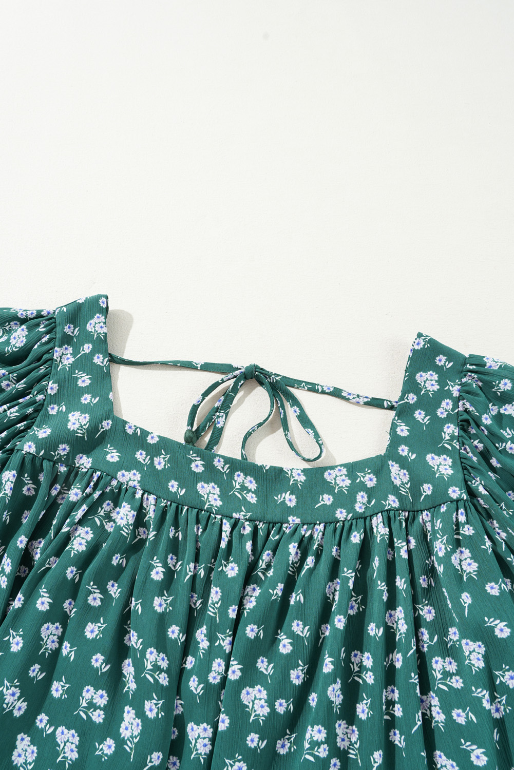 Plus Size Green Floral Print Square Neck Ruffled Trim  Blouse