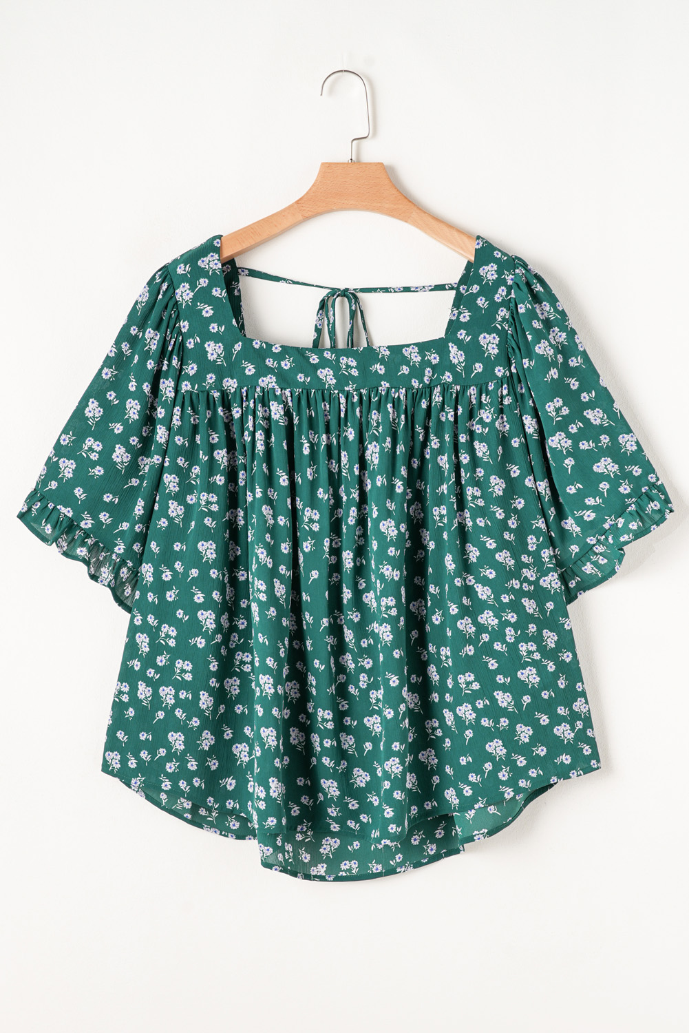 Plus Size Green Floral Print Square Neck Ruffled Trim  Blouse