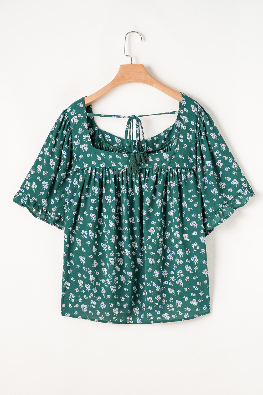 Plus Size Green Floral Print Square Neck Ruffled Trim  Blouse