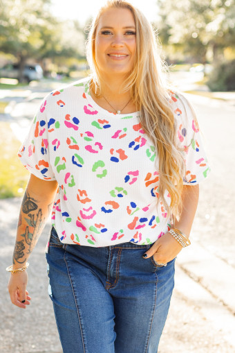Plus Size White Multicolor Leopard Print Textured T Shirt