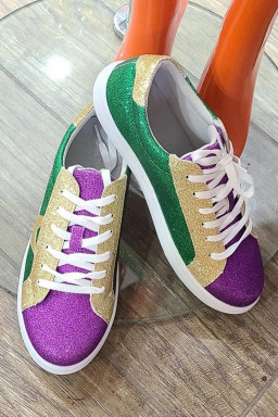 Blackish Green Mardi Gras Triple Color Sequin Lace up Flat Shoes